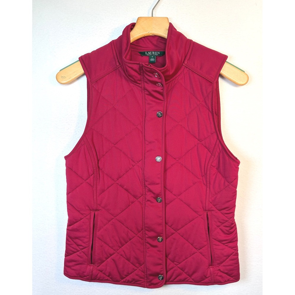 Lauren Ralph Lauren Quilted Vest Women Medium Red Excellent Diamond Stitch Zip